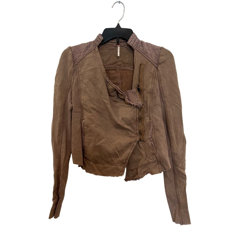 Free People Taupe Distressed Moto Jacket XS Cotton Blend